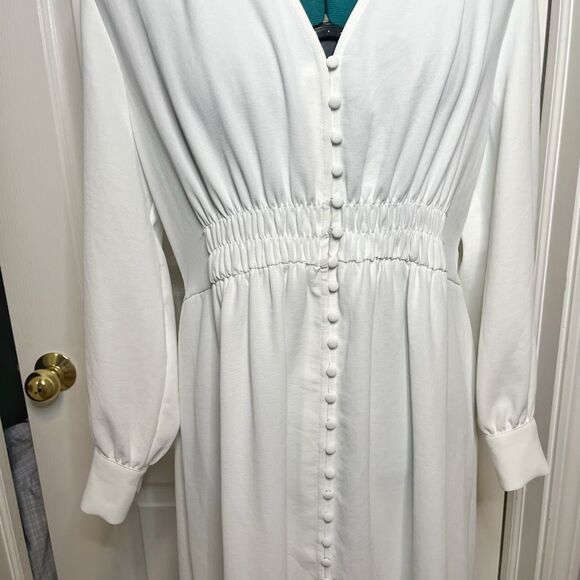 Zara Midi V Neck Button Down Front Smocked Polyester Textured Long Sleeve Dress - Picture 7 of 15